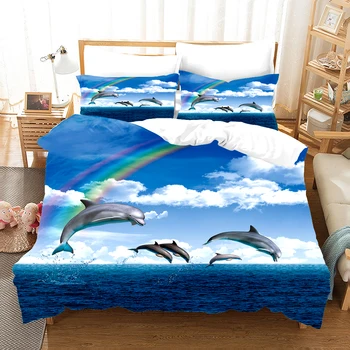 Dolphin posteľná bielizeň Nastaviť pre Spálne Posteľ Domov Roztomilý Zvieratá Ručne Ťahané Štýl Nastaviť Perinu Deka Kryt a obliečka na Vankúš