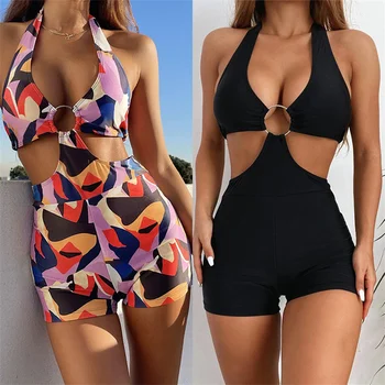 2022 Sexy Jednodielne Plavky, Plavky Žien Čiernej Farebnej Tlače S Uväzovaním Za Vysoký Pás Plavky Plážové Oblečenie Maillot De Bain Femme