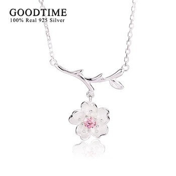 Skutočné Skutočné 925 Sterling Silver Náhrdelník Ružový Kryštál Čerešňové Kvety Kvetinové Prívesky & Náhrdelníky Krásne Romantické Ženy, Šperky
