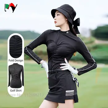 MOJE Ženy kórejský Štýl Dlhým rukávom (T-Shirts) opaľovací Krém Quick-dry Golf shirtgolf Shirt Dámy Stojan Golier Topy Skladaný Slim Bielizeň S-XL