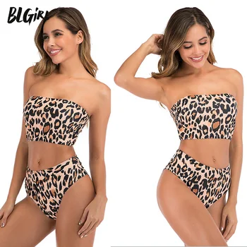 BLG Leopard Bikini Vysoký Pás Plavky, Bikiny Žien 2021 Push Up Bandeau Mimo Ramenný Pláži, Plávanie Oblek Brazílske Plavky