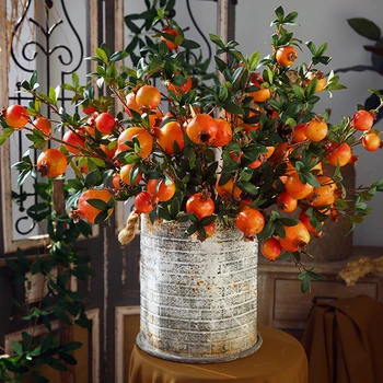 Umelé granátové jablko Ovocie Pobočiek Rastliny Patria Dekorácie pre Domov Jesene Zelene, Svadobný Kvetinový Aranžmán Príslušenstvo