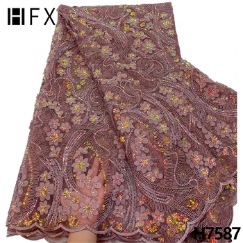 HFX 2022 High-end 3D Korálkové Kvety čipky textílie Vyšívané francúzsky flitrami Čipky Textílie Ručné pre svadobné Šaty Oka H7587