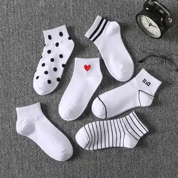 Japonský Kawaii Ženy Sripe Srdce Trubice Ponožky Dot Pevné Bavlnené Krátke Ponožky Ženy a Dámy, Biela Patchwork Sox Harajuku