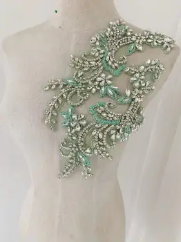 1 Pár Mint Green Elegantný Drahokamu Luxusné Korálkové Nášivka Crystal Kvety Bodice Patch pre haute Couture Šaty,Svadobné Šaty, Výzdoba