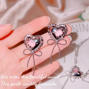 Nový Jednoduchý Sladká Láska Srdce Bowknot Ružová Krištáľové Náušnice Pre Ženy, Dievča, Strieborná Farba Kovových Visieť Náušnice Vintage Šperky