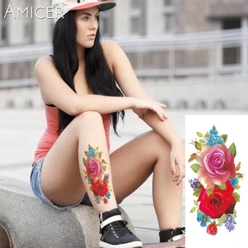 Indický Henna Arabčina Falošné Dočasné Tetovanie Nálepka, Červené Ruže, Kvety Tetovanie Na Rameno Ramene Tetovanie Nepremokavé Ledy Ženy Veľký Na Telo