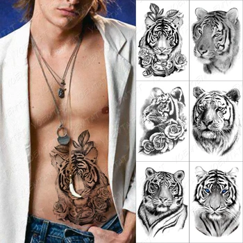 Divoké Zviera Tiger Dočasné Tetovanie Nálepka Pre Mužov, Ženy, Lev, Vlk Fox Nepremokavé Falošné Henna Sova Kvety Hodiny Body Art Tetovanie
