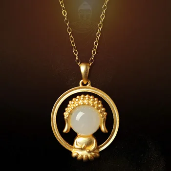 Móda Klasické Zlato-á Non-phase Buddha Príveskom Vykladaným Syntetické Khotan Jade Etnický Štýl Šťastie Náhrdelník Pre Ženy Šperky