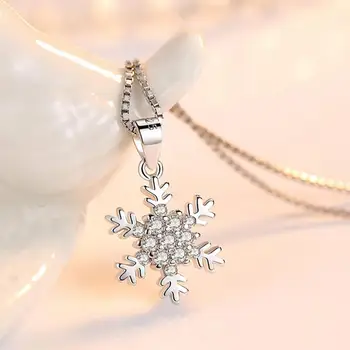 Skutočné 925 Sterling Silver Módne Sladké Snowflake CZ Kúzlo Náhrdelník Prívesok pre Ženy Vianočný Darček Šperky HY460