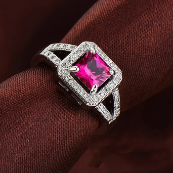 Luxusné 925 striebro Prstene pre Ženy, Svadobné Zapojenie Námestie Rose červené Cubic Zirconia Crystal Krúžok Plata Šperky Veľká Podpora